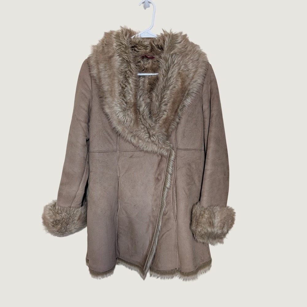Monsoon Y2K Tan Faux Suede Penny Lane Coat Faux Fur Trim Shawl Collar Size US 6